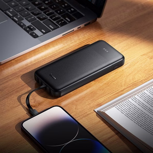 Išorinė baterija Hoco 10000 mAh 2A su keturiais integruotais laidais USB A + USB C + Lightning + Micro USB J163 juoda