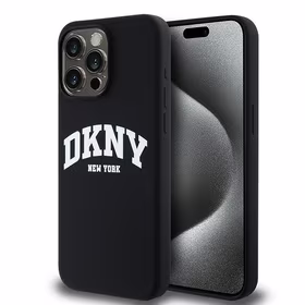 DKNY Liquid Silicone White Printed Logo MagSafe Dėklas telefonui iPhone 14 Pro Max - juodas (m)