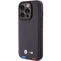 BMW BMHCP15L22PTDK dėklas telefonui iPhone 15 Pro 6.1" juodas/juodas odinis su trispalve emblema