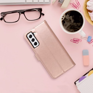 MEZZO knygos tipo dėklas telefonui SAMSUNG A35 5G su medžiu, rausvo aukso spalvos