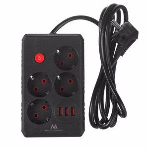 Maclean power strip, 4-socket extension cable + 3xUSB, 110-240V AC 50/60Hz, 2.1A max 2500W, 1.5m, black, MCE392 B