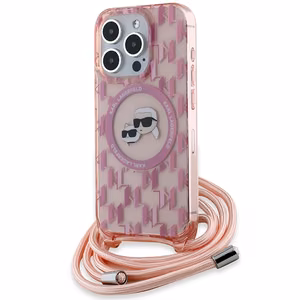Karl Lagerfeld IML Crossbody Monogram Karl & Choupette Head Magnetinis dėklas iPhone 15 Pro - rožinis