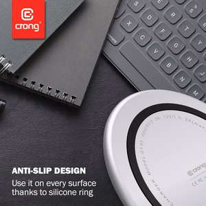 Crong PowerSpot Qi 15 W USB-C belaidis įkroviklis su grūdinto stiklo danga, sidabro spalvos ir baltas