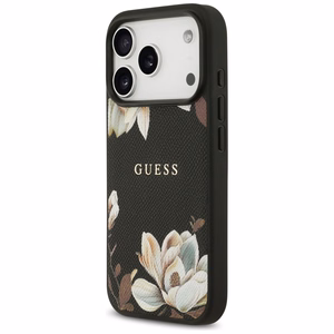 Guess Grained Flowers Classic Logo MagSafe чехол iPhone 17 Pro - черный