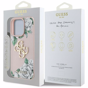 Guess Grained Roses Big 4G logo dėklas telefonui iPhone 16 Pro Max - rožinis