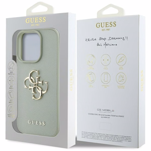 Guess grūdėtos odos mažas klasikinis dėklas su dideliu 4G logotipu iPhone 16 Pro - žalias