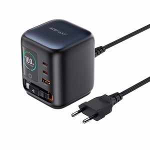 Acefast Z10 GaN 100 W 3 × USB stalinis įkroviklis su ištraukiamu USB-C laidu ir TFT ekranu, juodas