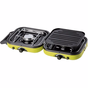 Meva DUAL COMPACT + GRILL turistinė dujinė viryklė, skirta dujų kasetėms, sulankstomas 2 degiklių modelis su kepimo plokšte