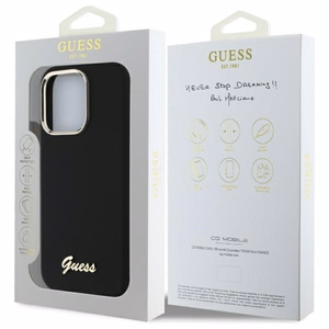 "Guess" silikoninis korpusas su metaliniu logotipu ir rėmeliu, skirtas "iPhone 16 Pro" - juodas