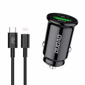 Automobilinis įkroviklis Dudao R3PRO juodas (1xUSB / 1xUSB-C / 18W) + Type-C / Lightning laidas