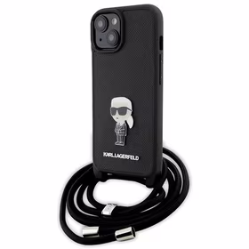 Karl Lagerfeld kryžminis Saffiano monograma metalinis ženkliukas Karl & Choupette dėklas telefonui iPhone 15 - juodas