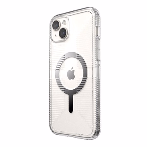 Speck GemShell Grip MagSafe dėklas, skirtas iPhone 15 Plus / 14 Plus, skaidrus su chromo spalvos akcentais