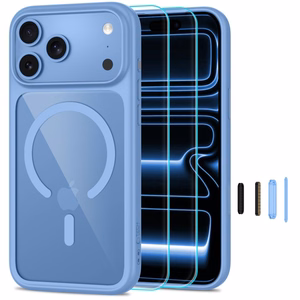 Tech-Protect MagOne CC MagSafe dėklas su 2 grūdintais stiklais, skirtas iPhone 18 Pro Max / 17 Pro Max, skaidrus mėlynas