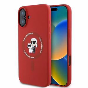 Karl Lagerfeld silikoninis Magnetinis dėklas telefonui iPhone 16 Plus su Karl & Choupette galvų žiedu - raudona