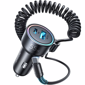 Automobilinis įkroviklis Joyroom JR-CL07 3-in-1 USB/Type-C 55W + Type-C 1.5m juodas