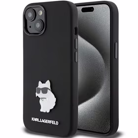 Karl Lagerfeld silikoninis Choupette Metal Pin dėklas telefonui iPhone 15 Plus / 14 Plus - juodas