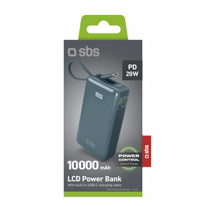 Išorinė baterija SBS 10000 mAh 20W su įmontuotu USB-C kabeliu ir skaitmenine indikacija - pilka