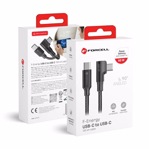 Laidas USB C į USB C Forcell F-Energy QC4.0 PD 3A 60W Cafule 90° 1,2 m CC-1Deg juodas