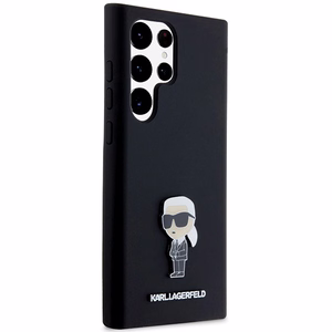 Karl Lagerfeld silikoninis Ikonik metalinis smeigtukas dėklas telefonui Samsung Galaxy S23 Ultra - juodas