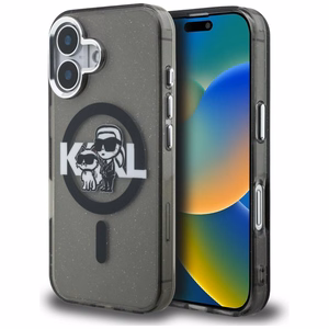Karl Lagerfeld IML Glitter Karl & Choupette Sketch Logo MagSafe dėklas iPhone 16 - juodas