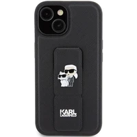Karl Lagerfeld Gripstand Saffiano Karl&Choupette Pins dėklas telefonui iPhone 15 - juodas