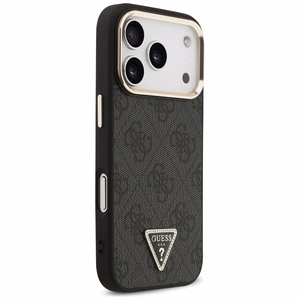 Guess PU Leather 4G Strass Triangle Logo Gold Frame MagSafe dėklas Apple iPhone 18 Pro, juodas