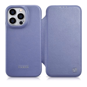 iCarer CE Premium odinis folio dėklas iPhone 14 Pro Max magnetinis atverčiamas odinis folio dėklas MagSafe šviesiai violetinė