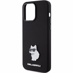 Karl Lagerfeld silikoninis Choupette Metal Pin dėklas telefonui iPhone 15 Pro Max - juodas