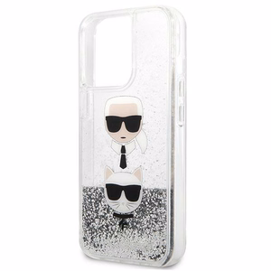 Karl Lagerfeld Skystas Glitter Karl&Choupette Galvos dėklas iPhone 13 Pro Max - sidabrinis
