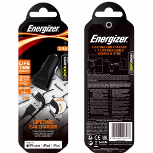 Energizer HardCase DC2CLLIM car charger, 2 × USB-A, 17 W / 3.4 A, with MFi-certified Lightning cable, black