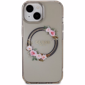 Guess IML Flowers Wreath MagSafe dėklas telefonui iPhone 15 / 14 / 13 - juodas
