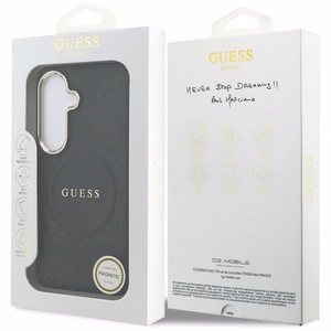 Guess Saffiano Peony Embossed Ring MagSafe dėklas Samsung Galaxy S26+ juodas