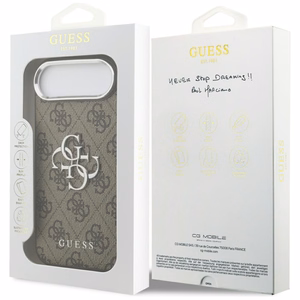 GUESS dėklas telefonui IPHONE 17 Air GUHCP17MP4G4SMCW (4G PU odos dėklas su dideliu 4G ir klasikiniu logotipu bei sidabriniu metaliniu kameros rėmeliu) rudas