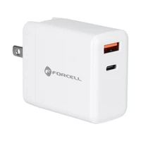 FORCELL F-ENERGY TFK-TC-45WPDAC kelioninis įkroviklis 3in1 Type C + USB A PD QC4.0 3A 45W su keičiamais kištukais (EU / UK / US) baltas