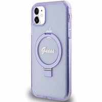 Guess žiedo stovo Script blizgus magnetinis dėklas telefonui iPhone 11 / Xr - violetinis