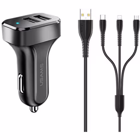 USAMS Automobilinis įkroviklis 2xUSB C13 2,1A 3w1 (microUSB/USB-C/lightning) juodas NTU35YTSC13TZ