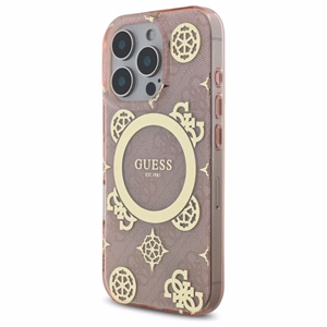 Guess IML Peony On 4G Background Magnetinis dėklas iPhone 16 Pro - rožinis