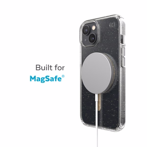 Speck Presidio Perfect-Clear with Glitter + MagSafe case for iPhone 15 Plus / 14 Plus, with Microban antimicrobial protection, Clear / Gold Glitter