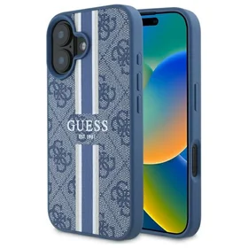Guess 4G Spausdintos Juostos Magnetinis Dėklas telefonui iPhone 16 - mėlynas