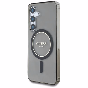 Guess blizgus apskritimo klasikinio logotipo Magnetinis dėklas telefonui Samsung Galaxy S25 juodas