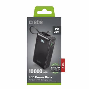 Išorinė baterija SBS 10000 mAh 20W su įmontuotu USB-C kabeliu ir skaitmenine indikacija - juoda