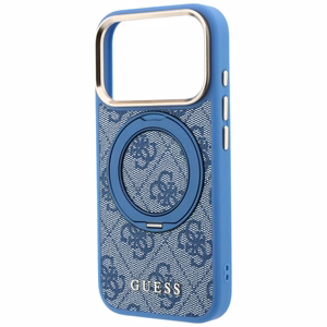 Guess 4G Classic Logo dėklas, skirtas iPhone 18 Pro Max / 17 Pro Max, su 360° žiedu-stovu, suderinamas su MagSafe – mėlynas