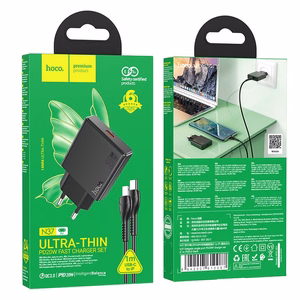 Įkroviklis telefonui Hoco Slim USB C QC PD 30W + kabelis USB C į Lightning N37 juodas
