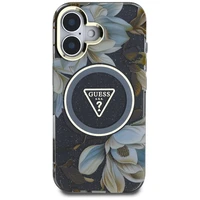 Guess Glitter Flowers Triangle Buttons Magnetinis dėklas telefonui iPhone 16 - juodas