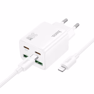 Įkroviklis telefonui Hoco 2 x USB C + 2 x USB A QC3.0 PD 3A 30W + kabelis USB C į Lightning N56 baltas
