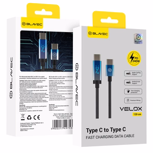 Blavec Laidas Velox pintas - Typ C na Typ C - PD 240W 5A LED display 1,2 metra Apple CarPlay/Android Auto (CVE-CC5B12) juodas