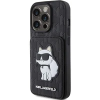 Karl Lagerfeld Saffiano kortelių lizdai ir stovas monograma Choupette dėklas iPhone 15 Pro - juoda