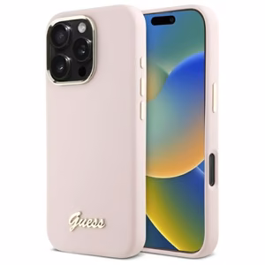 Guess Silikoninis Užrašas Metalinis Logotipas ir Rėmelis Dėklas telefonui iPhone 16 Pro Max - rožinis