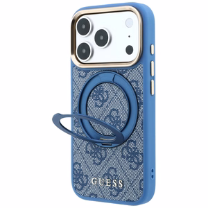 Guess 4G Classic Logo dėklas, skirtas iPhone 18 Pro Max / 17 Pro Max, su 360° žiedu-stovu, suderinamas su MagSafe – mėlynas