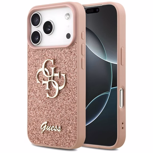Guess Fiksuotas Blizgus Didelis 4G dėklas telefonui iPhone 17 Pro - rožinė